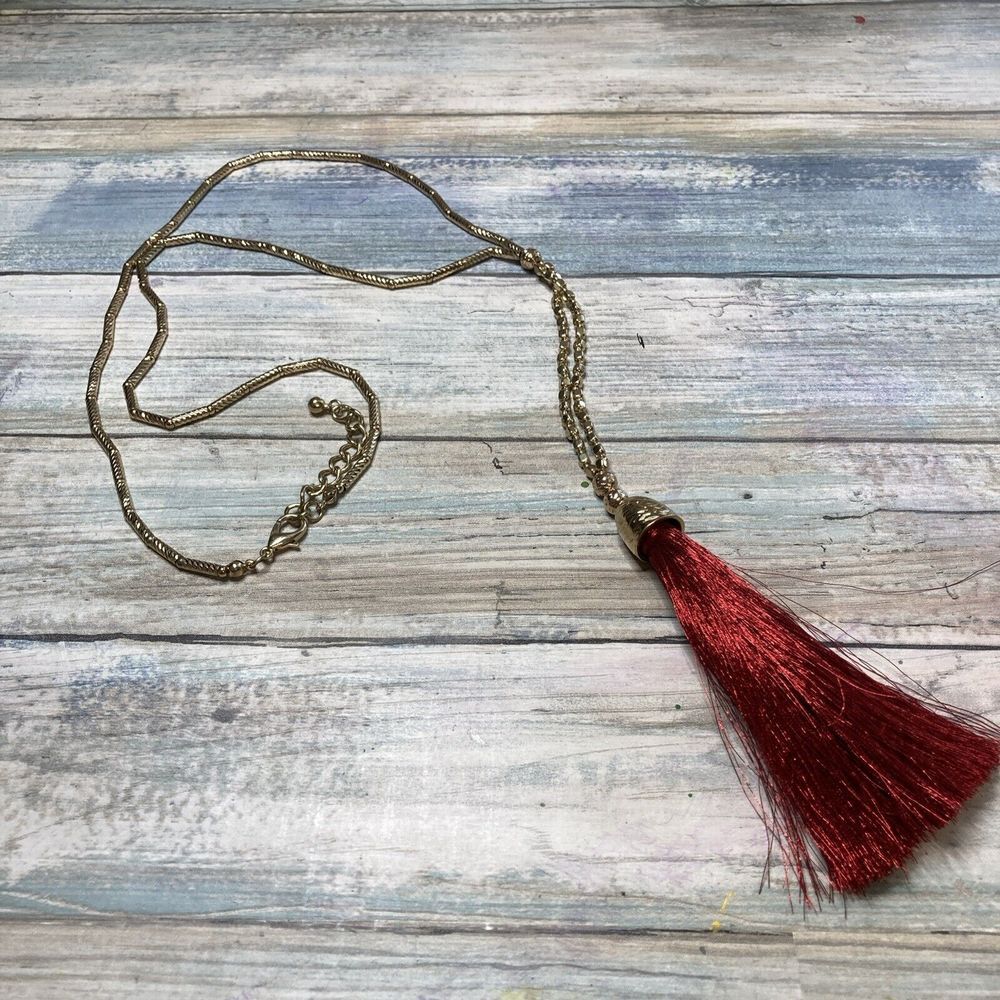 Red Tassel Gold Tone Chain Y‎ Necklace Long 30" NWOT